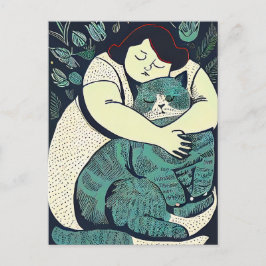 Postal Mujer voluptuosa de Linocut sosteniendo un gato gr