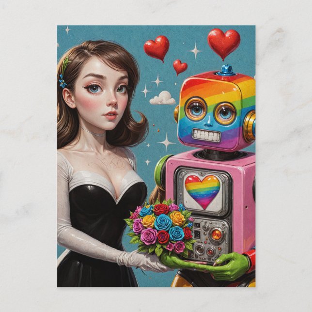 Postal Mujer y Boda de un robot arco iris (Anverso)
