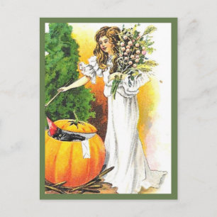 Postal Mujer y calabaza hermosas - Halloween de época