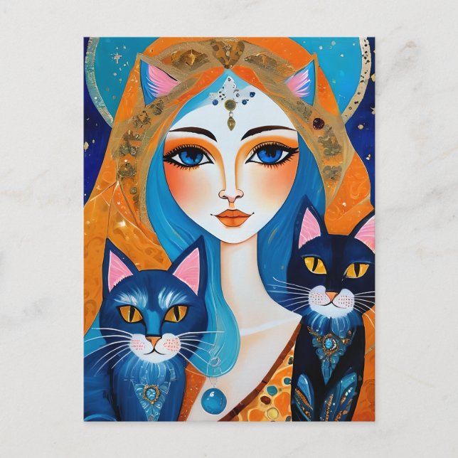 Postal Mujer y dos gatos (Anverso)
