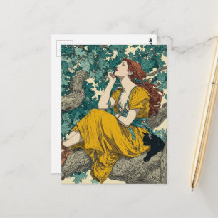Postal Mujer y gato en un árbol