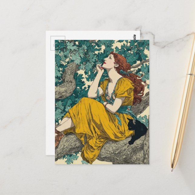 Postal Mujer y gato en un árbol (Anverso/Reverso In Situ)