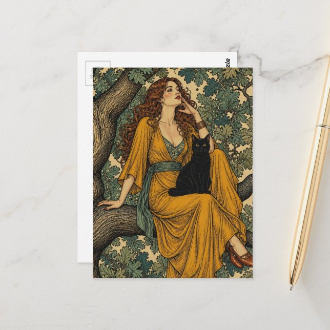 Postal Mujer y gato negro en un árbol (Anverso/Reverso In Situ)