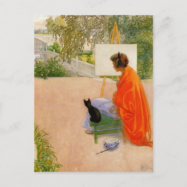Postal Mujer y gato que miran el puente (Anverso)
