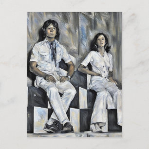 Postal Mujer y hombre joven de los años 70 posando arte d