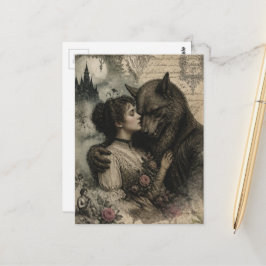 Postal Mujer y hombre lobo enamorados Vintage
