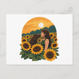 Postal Mujer y Labrador de chocolate en un girasol dorado