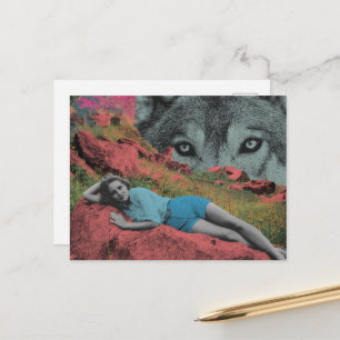 Postal Mujer y Lobo en la Naturaleza