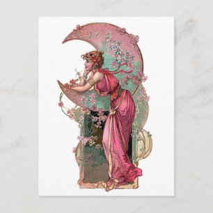 Postal Mujer y luna, arte nuevo, cosecha romántica