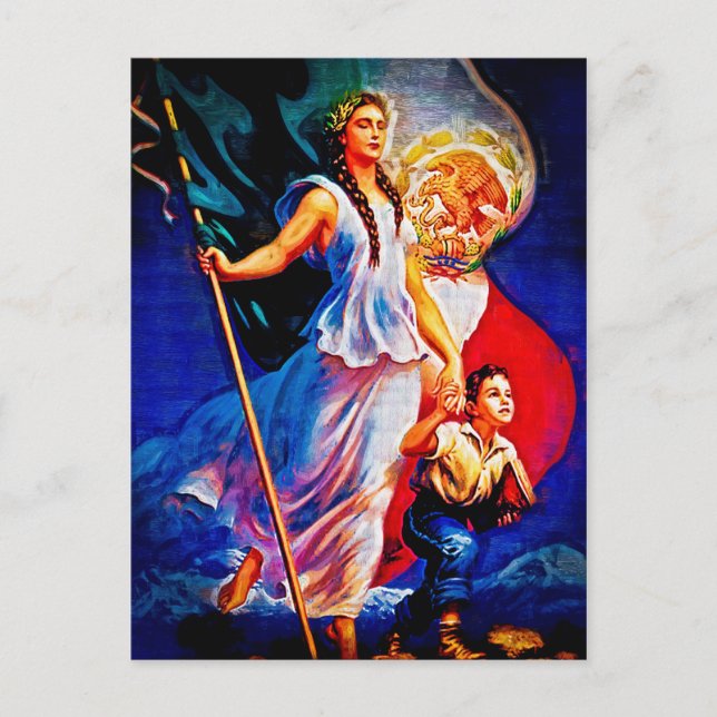 Postal Mujer y niño de la bandera mexicana (Anverso)