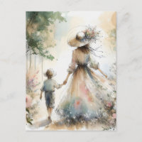Mujer y niño en jardín de flores Día de la Madre