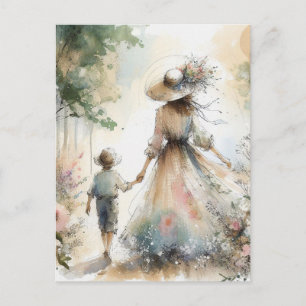 Postal Mujer y niño en jardín de flores Día de la Madre