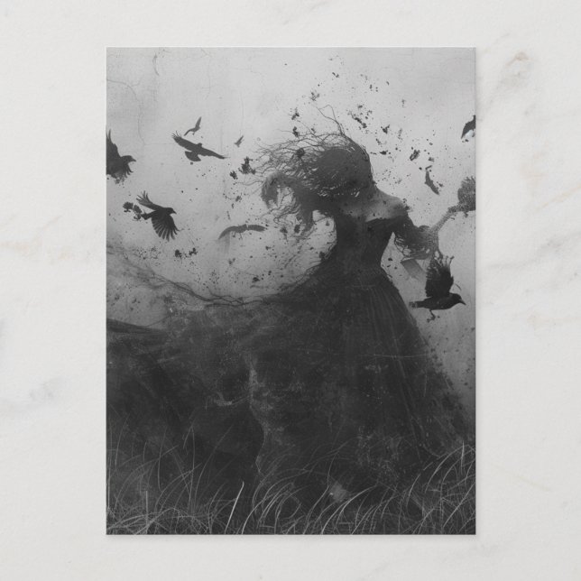Postal Mujer y pájaros Negro y Blanco (Anverso)