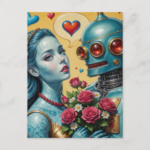 Postal Mujer y robot enamorados