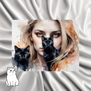 Postal Mujer y su gato negro, posta