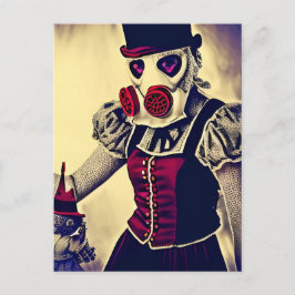 Postal Mujer y títere en máscara de gas