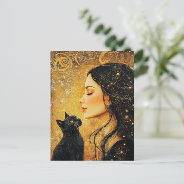 Postal Mujer y un gato negro (Anverso de pie)