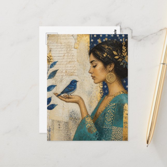 Postal Mujer y un pájaro azul (Anverso/Reverso In Situ)