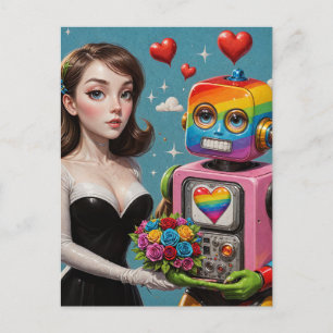 Postal Mujer y un robot arco iris