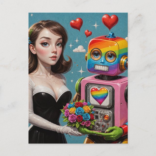 Postal Mujer y un robot arco iris (Anverso)