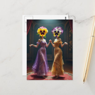 Postal Mujeres Bailando Con Cabezas De Flor De Pensamient