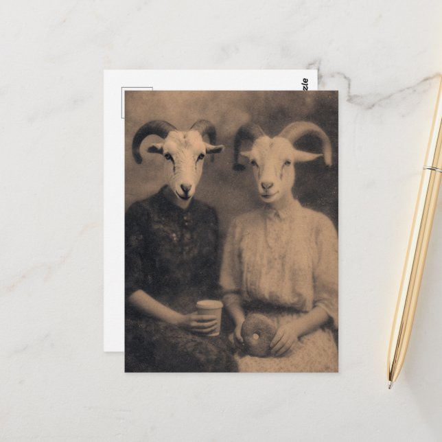 Postal Mujeres Cabras Sepia Té y Donut Retro (Anverso/Reverso In Situ)