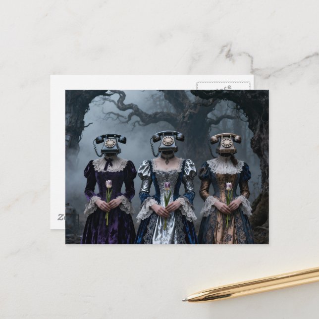 Postal Mujeres con cabezas de teléfono antiguo que acecha (Anverso/Reverso In Situ)