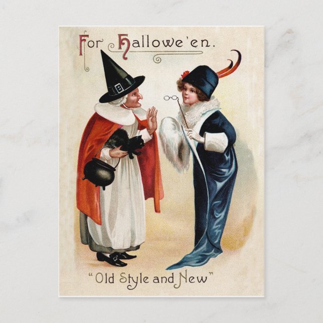 Postal Mujeres con disfraces de Halloween, festividad vin (Anverso)