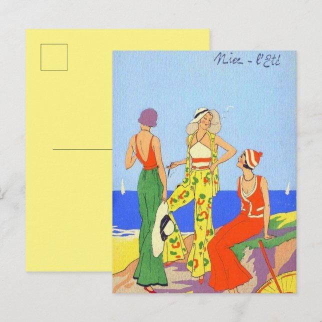 Postal Mujeres de los años 30 en Pijamas de Playa de Moda (Anverso / Reverso)
