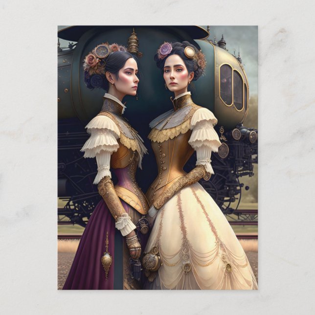 Postal Mujeres en la estación de tren Steampunk de Victor (Anverso)