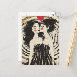 Postal Mujeres enamoradas besándose con vestidos a juego