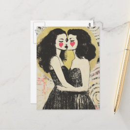 Postal Mujeres enamoradas besándose con vestidos negros