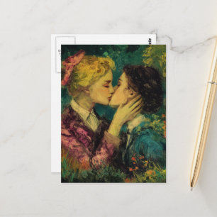 Postal Mujeres enamoradas besándose en pintura al óleo