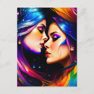 Postal Mujeres enamoradas del cabello arcoiris