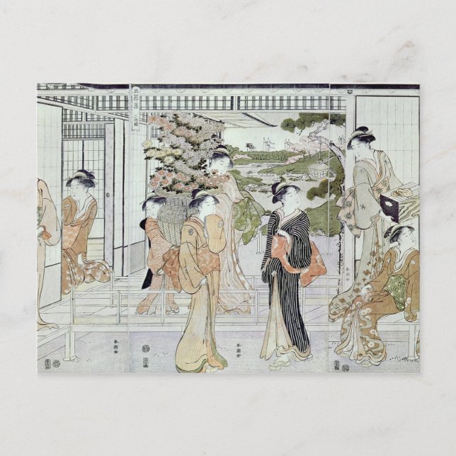 Postal Mujeres jóvenes con una canasta de crisantemos (Anverso)