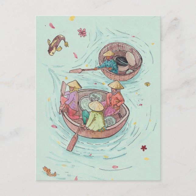 Postal Mujeres pescadoras en la acuarela del delta del Me (Anverso)