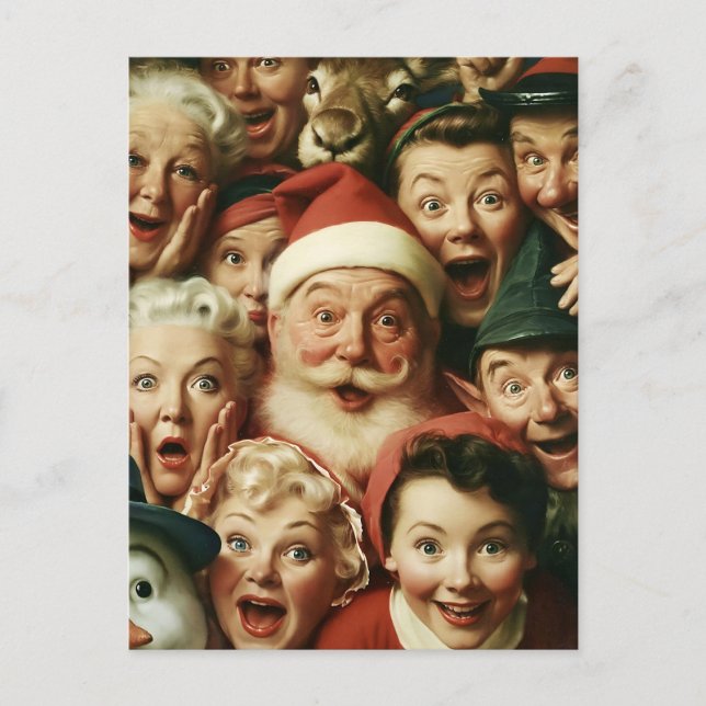 Postal Multitud Retro de Navidad con Papá Noel (Anverso)