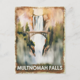 Postal Multnomah Falls Vintage Watercolor Paintage Viajes