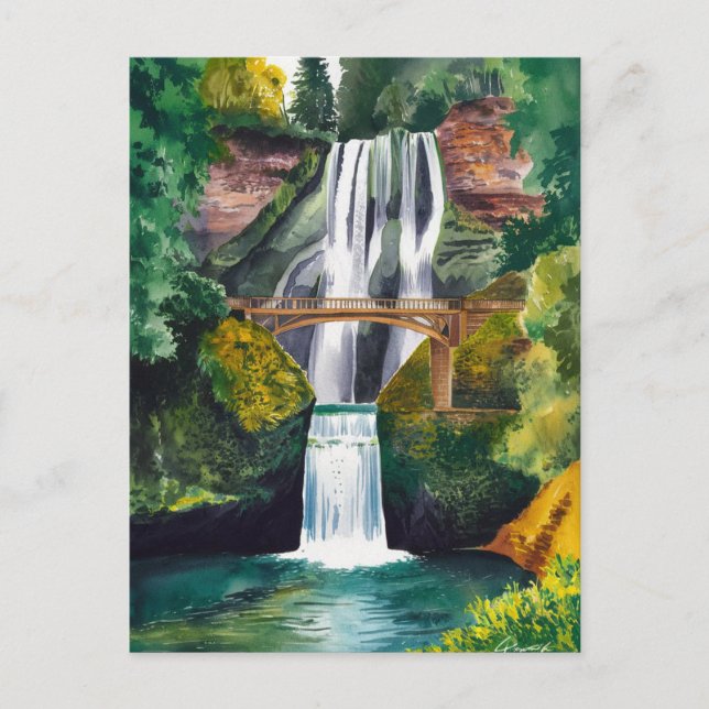 Postal Multnomah Falls Watercolor Painting Viajes (Anverso)
