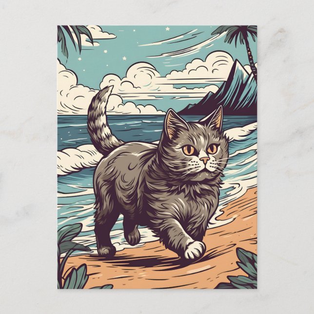 Postal Munchkin-Cat en una playa tropical al atardecer (Anverso)