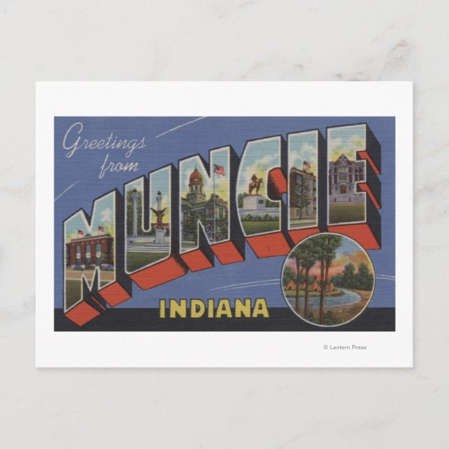 Postal Muncie, Indiana - Escenas de letras grandes (Anverso)