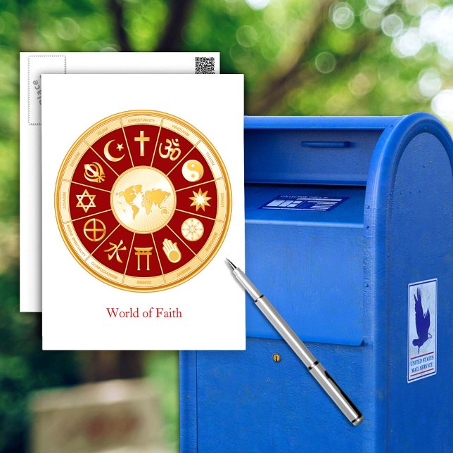 Postal Mundo de fe (World of Faith Postcard.
Gold symbols of international religions surround a world map. )