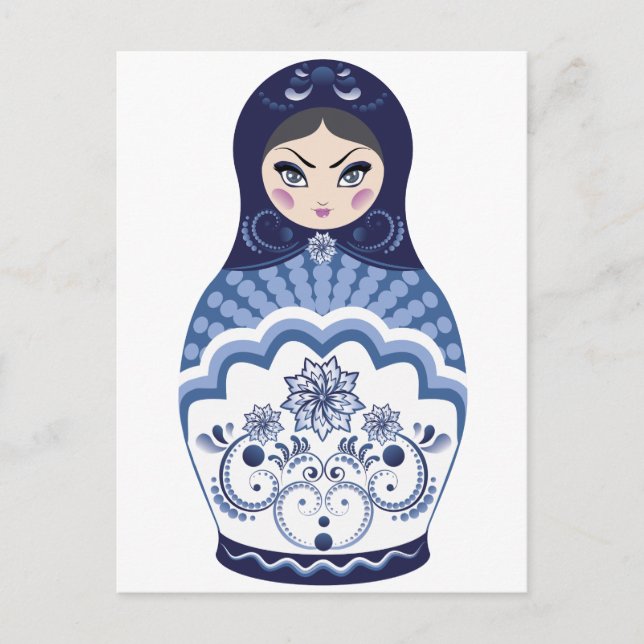 Postal Muñeca azul Matryoshka (Anverso)