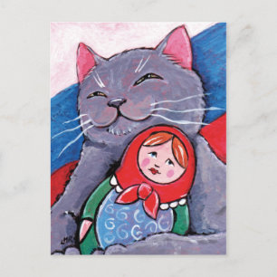 Postal Muñeca azul rusa y babushka   Arte de gato patriót