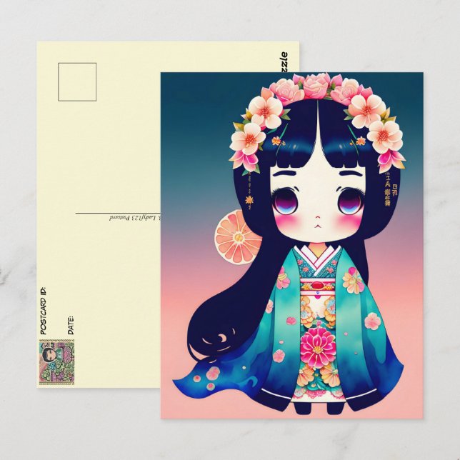 Postal Muñeca Cute Kokeshi, Posttravesía (Anverso / Reverso)