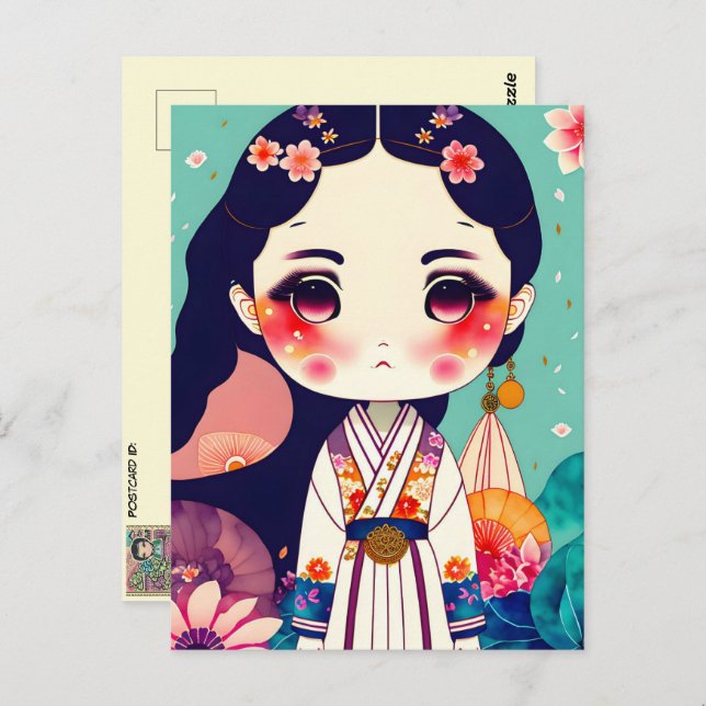 Postal Muñeca Cute Kokeshi, Posttravesía (Anverso / Reverso)