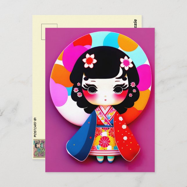 Postal Muñeca Cute Kokeshi, Posttravesía (Anverso / Reverso)