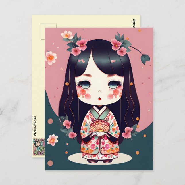 Postal Muñeca Cute Kokeshi, Posttravesía (Anverso / Reverso)
