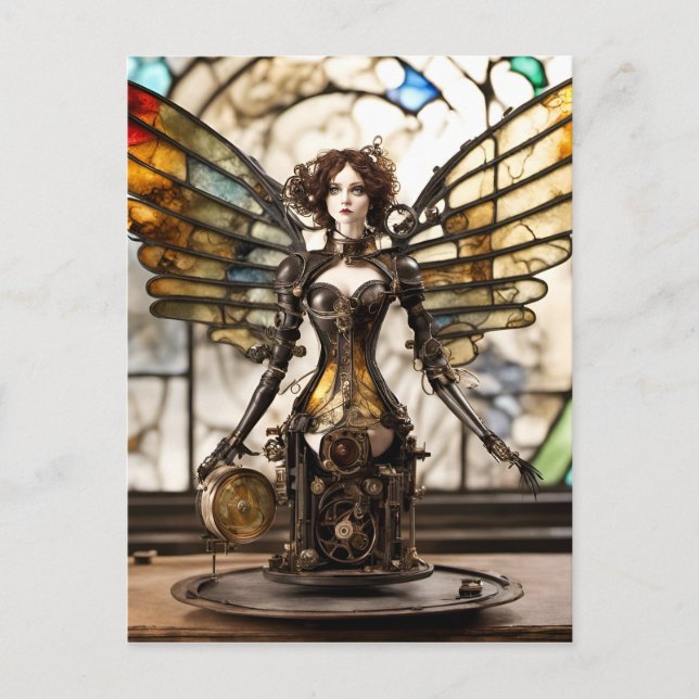 Postal Muñeca de Ángel Steampunk en Técnica Mixta (Anverso)