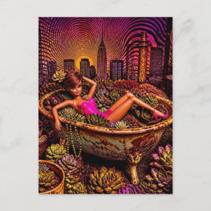 Postal Muñeca en una bañera de plantas divertido arte de 